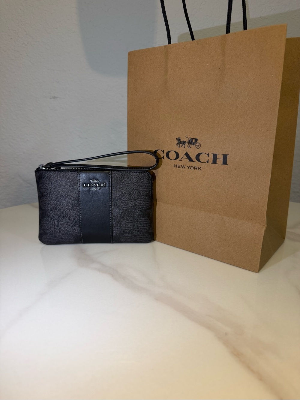Coach Black Signature Canvas Wristlet with Leather Trim
